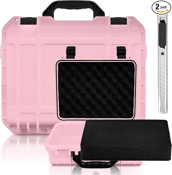 16.3 x 12.4 x 6.5 Inch Waterproof Hard Case with DIY Customizable Foam Insert Portable Protective Case with Knife for Camera Drones Equipments Tools Test Instruments (Pink)