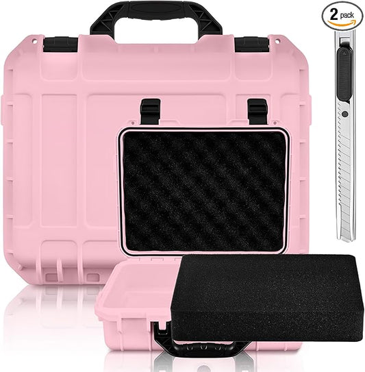 16.3 x 12.4 x 6.5 Inch Waterproof Hard Case with DIY Customizable Foam Insert Portable Protective Case with Knife for Camera Drones Equipments Tools Test Instruments (Pink)