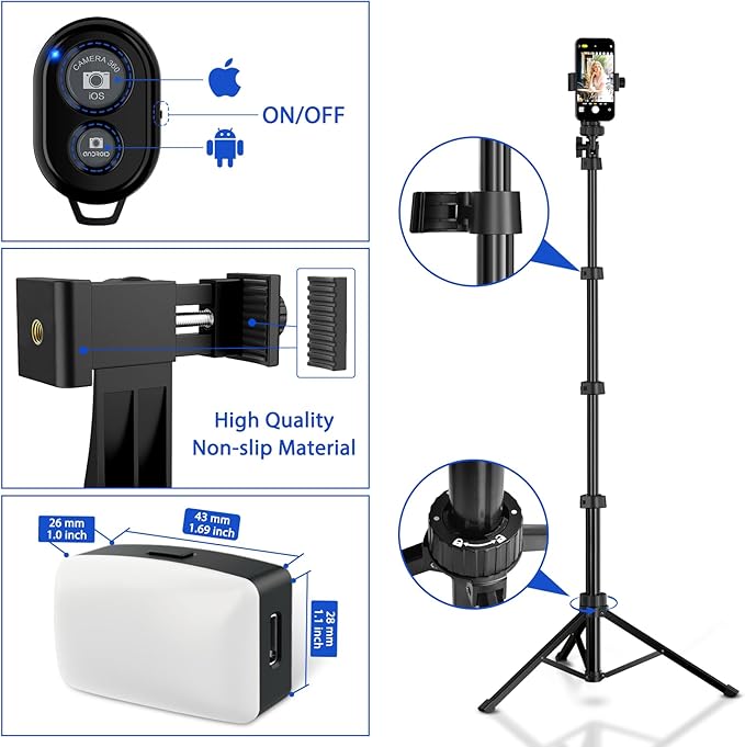 62" Phone Tripod with Tripod Mount Adapter & LED Light, Extendable Phone Tripod Stand with Wireless Camera Remote for iPhone, Android Phone Wrist Strap Included (Black-Tripod)