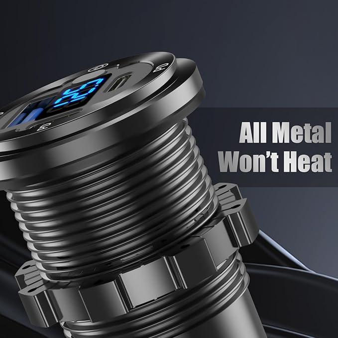 2 PACK 12V USB Car Socket Round USB C 12V Outlet, 3-Port Marine Fast Charger Waterproof Cigarette Outlet Replacement Aluminum with Switch and Voltmeter, Suitable for Boat Golf Cart RV Motorcycle