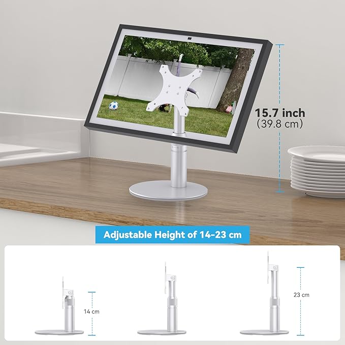 Almoz Riser Stand for Echo Show 21, Show 15 (All Generations), Adjustable Height with Swivel and Tilt, Aluminum Holder Stand for Show 21, Sturdy Non-Slip Base, Easy Screw Assembly (Riser-Silver)