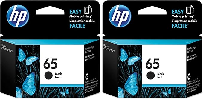 HP 65 Black Ink Cartridge - Works with DeskJet 2600, 3700 Series, Envy 5000 Series | Eligible for Instant Ink | N9K02AN (Pack of 2)