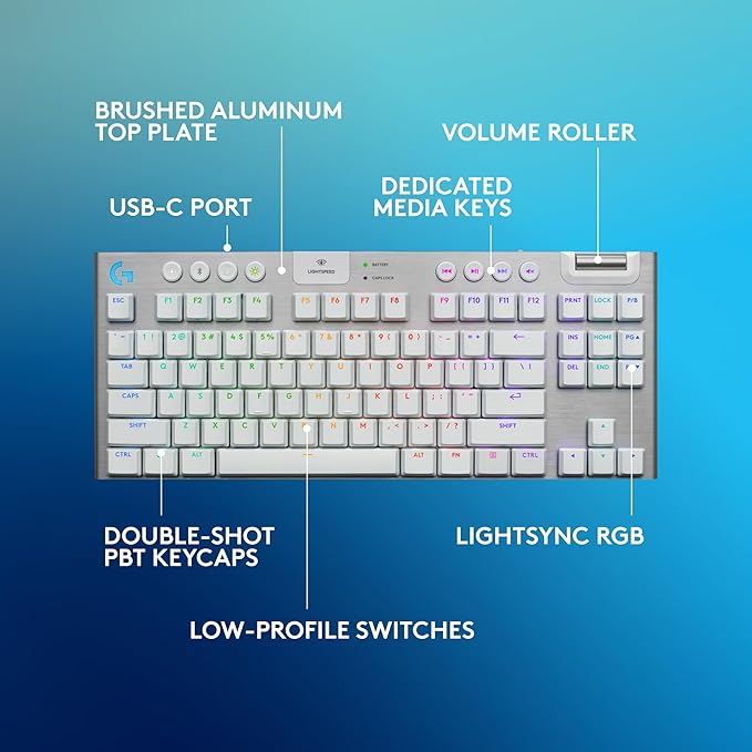 Logitech G915 X Lightspeed TKL Wireless Mechanical Gaming Keyboard, Double-Shot PBT Keycaps, Fully Programmable Keys, RGB Backlit Mac/PC Gaming Keyboards, Aluminum Finish, GL Tactile Switches, White