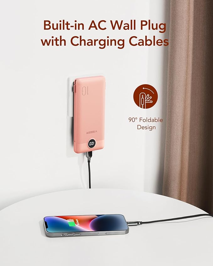 VEGER Portable Charger for iPhone Built in Cables and Wall Plug, 10000mah Slim Fast Charging USB C Power Bank, Travel Essential Battery Pack Compatible with iPhones, iPad, Samsung More Devices(Pink)