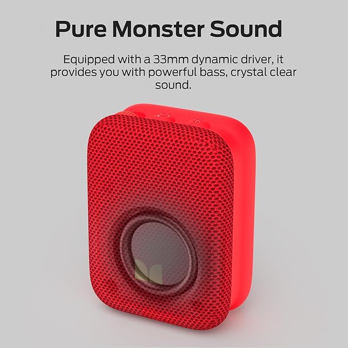 Monster Atomic Atom Wearable Bluetooth Speaker with Mics for Hands-Free Calls, IPX5 Waterproof, Compact and Portable Speaker for Workout, Cycling, Red