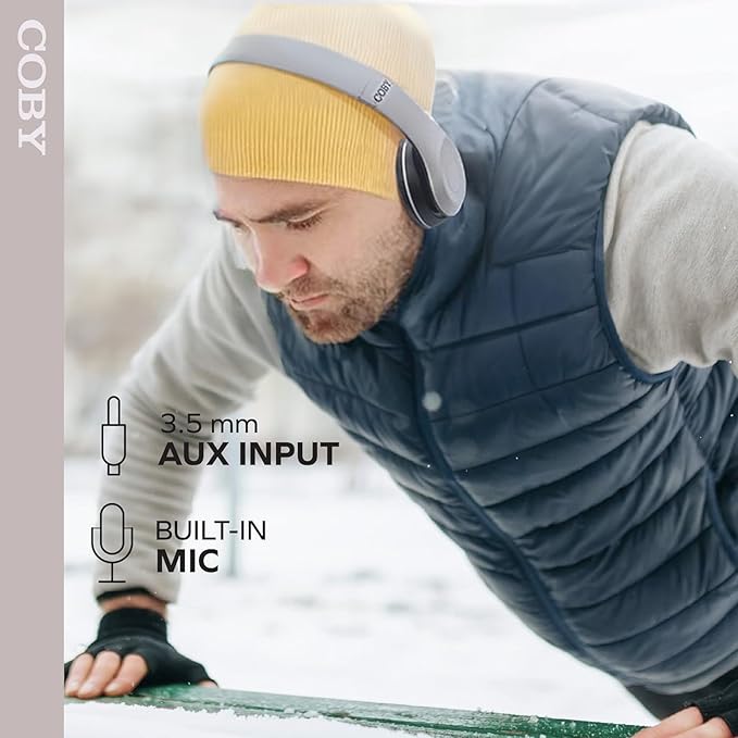 Coby Bluetooth Headphones, Rechargeable and Foldable Over-Ear Headset with Mic, TF Card Slot and AUX Input, Hands-Free Controls, 5-Hour Playback, Micro-USB Cable Included, White