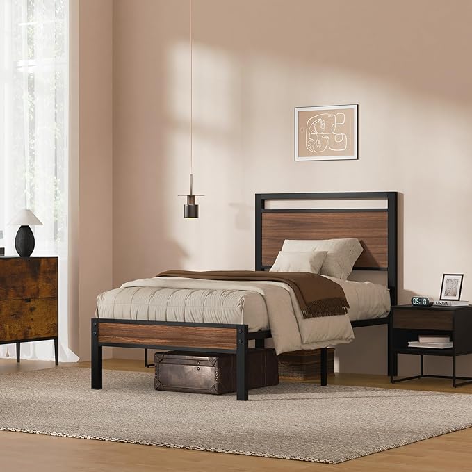 Z-hom Upgraded Twin Bed Frames, Heavy Duty Metal Sturdy Bed Frame Twin Size with Modern Wood Headboard & Footboard, Stable Platform Bed Furniture Bed Storage, No Noise, No Box Springs,Walnut