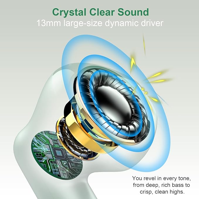 Wireless Earbuds, Bluetooth 5.4 Earbuds Stereo Bass, Bluetooth Headphones in Ear with Noise Cancelling Mic, Earphones IP7 Waterproof Sports, 32H Playtime USB C Charging Green Ear Buds for Android iOS