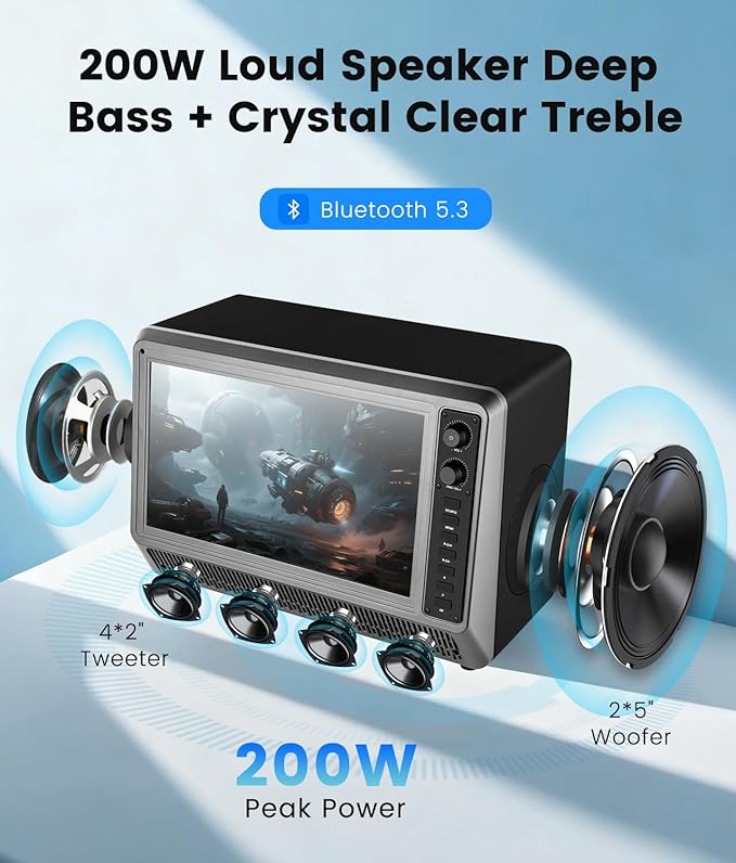 Feihe 15.6 inch Small Smart TV with Speaker System, Loud Portable Bluetooth Speaker Design Retro Android TV,Karaoke Wireless Microphones, Support HDMI/AUX/USB for Home Party Camping