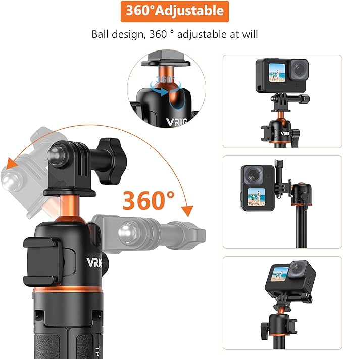 VRIG 21" Extendable Selfie Stick Tripod for GoPro with 360° Ballhead, Portable Vlog Selife Stick Tripod Stand for DJI OSMO Action 5Pro/4/3,GoPro Hero 13 12 11 10 /Insta360 X5/Ace Pro/Pocket3