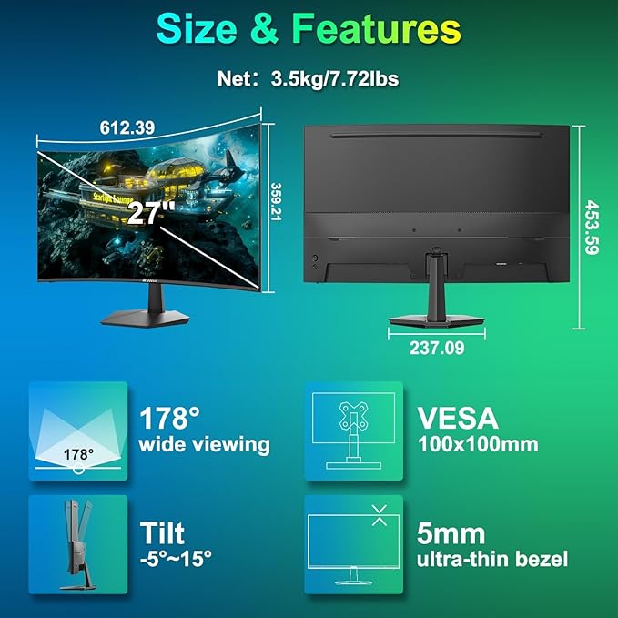 SANSUI Curved Monitor 27 inch 100Hz USB Type-C Computer Monitor with Speakers Built in丨FHD 1080p丨HDR丨110% sRGB丨1500R丨VESA Compatible,for Tablet,Desktop,Laptop and PC Work Gaming