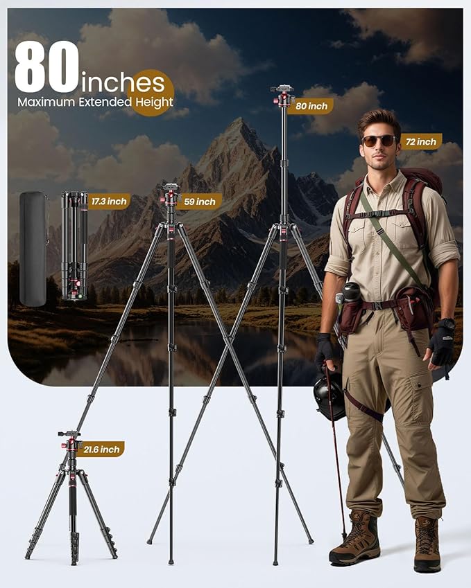 80“ DSLR-Camera-Tripod, Photography 360 Ball Head Professional Aluminum Tripod & Monopod with Carry Bag Compatible with Canon Nikon Binoculars Laser Telescope (Weight 3.35 Lbs, 15Lbs Load)