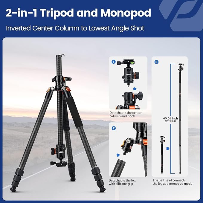 Fotopro 72 Inch Carbon Fiber Horizontal Tripod Camera Tripod with 360 Degree Ball Head Quick Release Plate 2-in-1 Tripods Monopod Max Load 22lbs