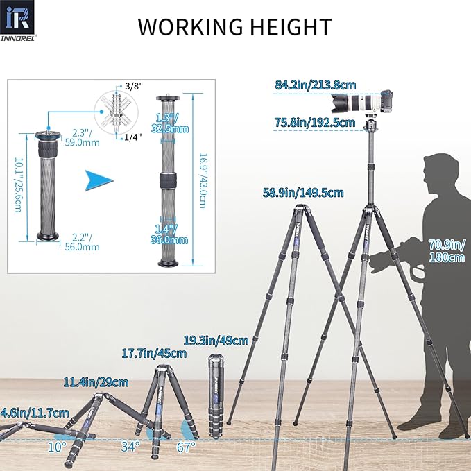 INNOREL KT365C Compact Carbon Fiber Camera Tripod 36mm Max Tube Professional 5 Sections Travel Tripod for Digital DSLR Video Camcorder Heavy Duty Camera Stand Load 66.1lb/30kg with Center Column