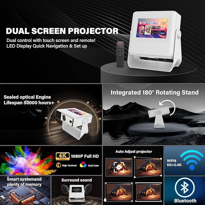 【TouchScreen/Built-in APPs/Auto Focus Keystone】Smart Portable Projector with Touch Tablet, 4K Support Outdoor Proyector, WiFi6 Bluetooth for Home Theater/Gaming/Outdoor (180° Stand & 250")
