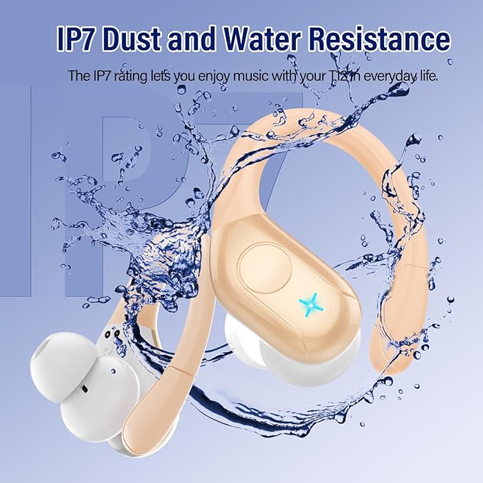 Wireless Earbuds Bluetooth 5.4 Headphones 75H Stereo Deep Bass Sports Over Ear Buds with Earhooks, LED Display Bluetooth Earbuds with 4 ENC Mic, IP7 Waterproof Earphone for Running, Khaki
