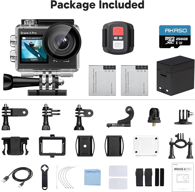 AKASO Brave 4 Pro 4K30 Action Camera with 256GB MicroSD U3 Card 131FT Underwater Waterproof Camera EIS Touch Screen Remote Control with 2x1350mAh Batteries and Helmet Accessories Kit Bundle