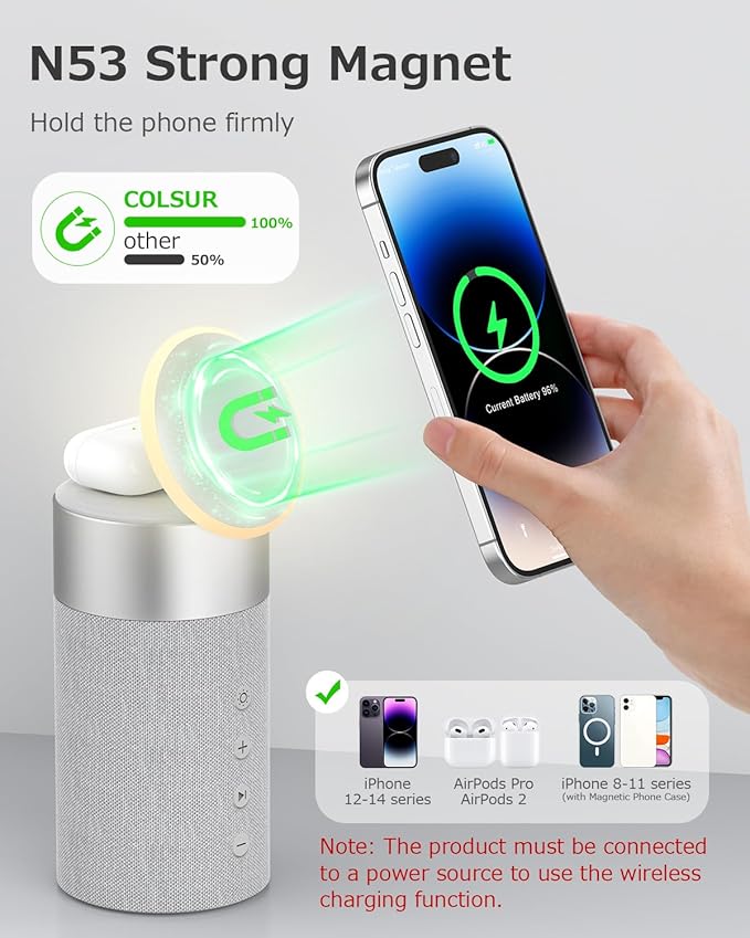 COLSUR Bluetooth Speaker with Night Light - 3 in 1 Magnetic Wireless Charger for iPhone 16/15/14/13/12 Series, AirPods Pro/3/2，Gifts for Men& Women