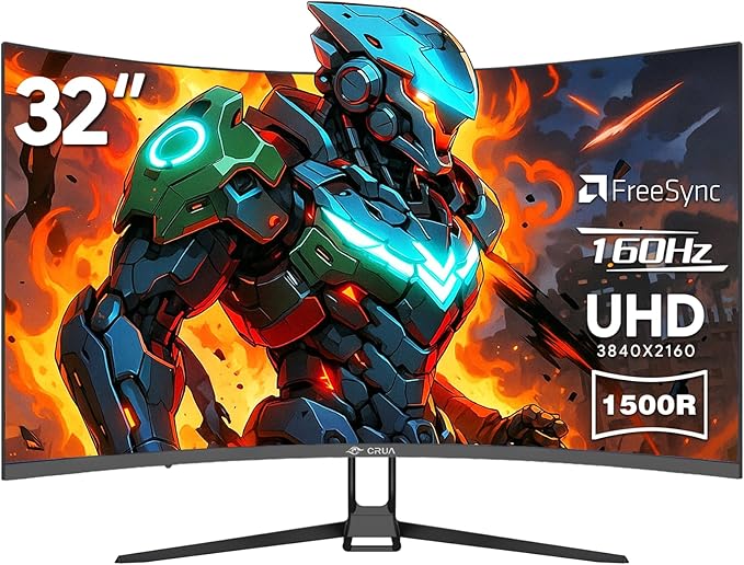 CRUA 32" Curved Gaming Monitor, 4k UHD(3840 * 2160P) VA Screen, 1500R, 144Hz/160Hz Computer Moniter, Supports AMD Freesync, 120% sRGB, Built-in Speakers, Wall Mountable Installs(HDMI 2.1/DP 1.4)-Black