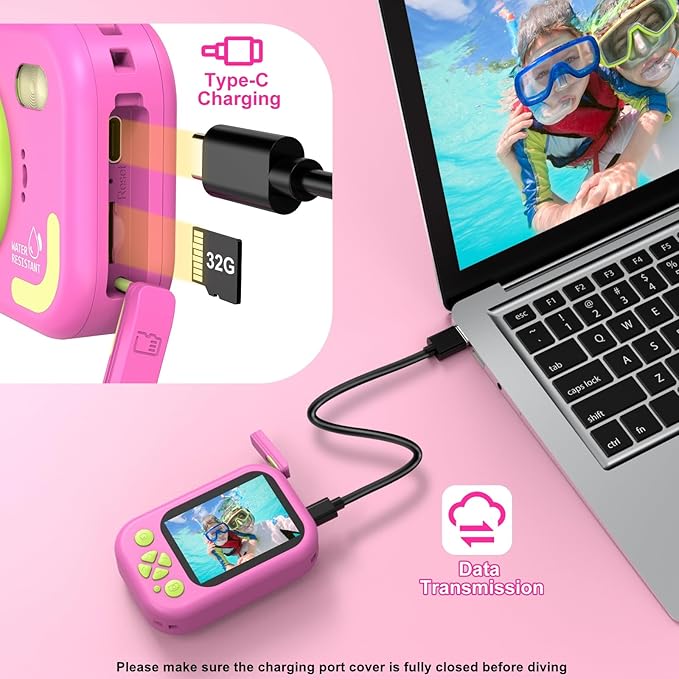 Kids Camera Waterproof, IP68 Underwater Camera for Kids Aged 3-12, HD Kids Digital Camera with 1080P Video Recording, Durable ABS Material, Pool Toys for Boys Girls with 32GB Card (Pink)