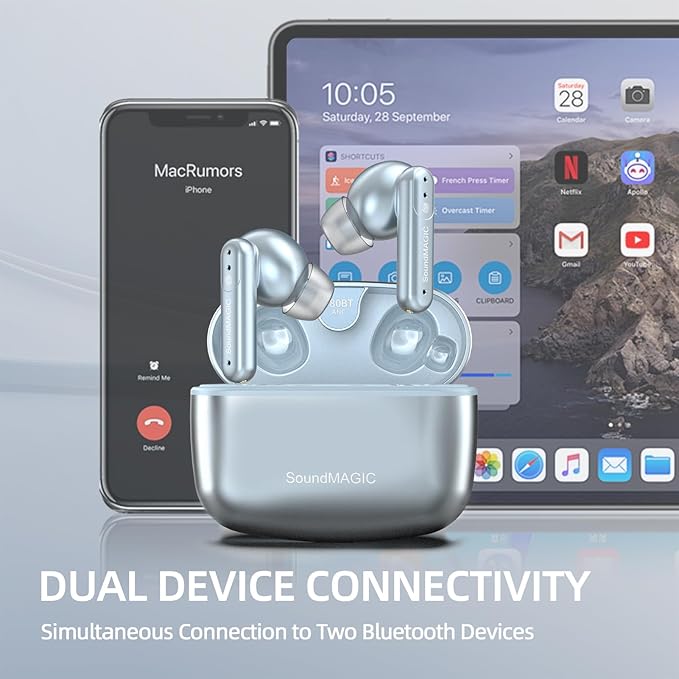 SoundMAGIC T80BT ANC True Wireless Earbuds with Hi-Res Audio,Hibrid Active Noise Cancelling, ENC Call Clarity, 20H Playtime, IPX5 Waterproof, Ultra-Comfy Fit for Sports/Work/Gaming (Blue)