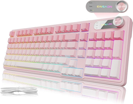 V102 Wired Keyboard, 98 Keys Creamy Gaming Keyboard with Number Pad, Display Screen & Media Knob RGB Silent Wired Cute Computer Keyboard for Laptop PC Gamer - Gradient Pink