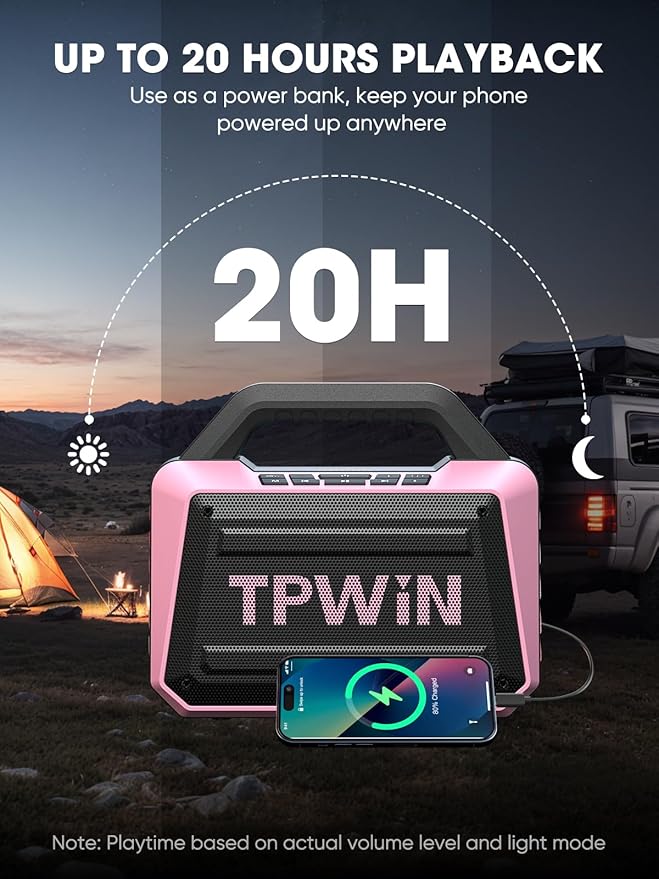 Wireless Bluetooth Speakers - Portable Speaker 80W Peak, 20H Playtime, Light Shows, Loud Speaker with Strong Bass, BT 5.3, TWS, IPX6 Waterproof for Home Travel Outdoor Beach Camping - Pink