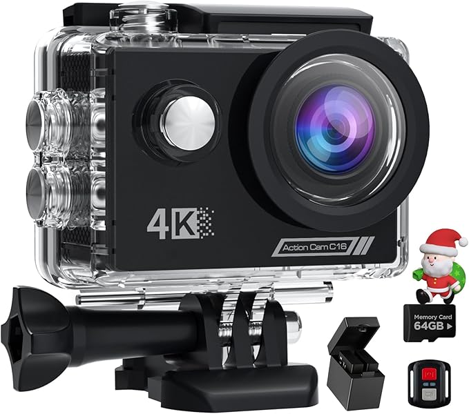 Action Camera 4K30FPS with 64G SD Card 131FT UnderwaterCamera,20MP Sports Camera 170° Waterproof Camera with WiFi,Remote Control,Mounting Kit