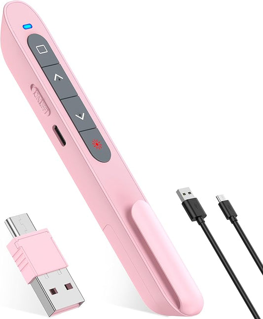 Presentation Clicker Rechargeable Pink Wireless Presentation Remote Presenter Long Range PPT Clicker with Pointer Slide Advancer for Classroom Teacher Mac/Windows/Linux, Google Slide/PPT/Keynote