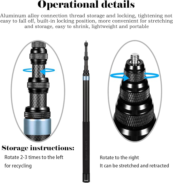 118"/3.0m Extended Super Long Invisible Carbon Fiber Selfie Stick for Insta360 x5 x4 Insta 360 x5 x4 x3 x2 x one rs for Gopro Go pro max for DJI OSMO 360 Camera Accessories (Blue)