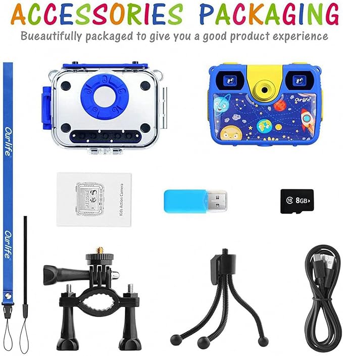 Ourlife Kids Camera, Selfie Waterproof Cameras Toys for Toddler, 1080P 8MP 2.4 Inch Large Screen Cam Digital Camera with 8GB TF Card, Fill Light, Children Toddler Gift for Boys Ages 3-12(Blue)
