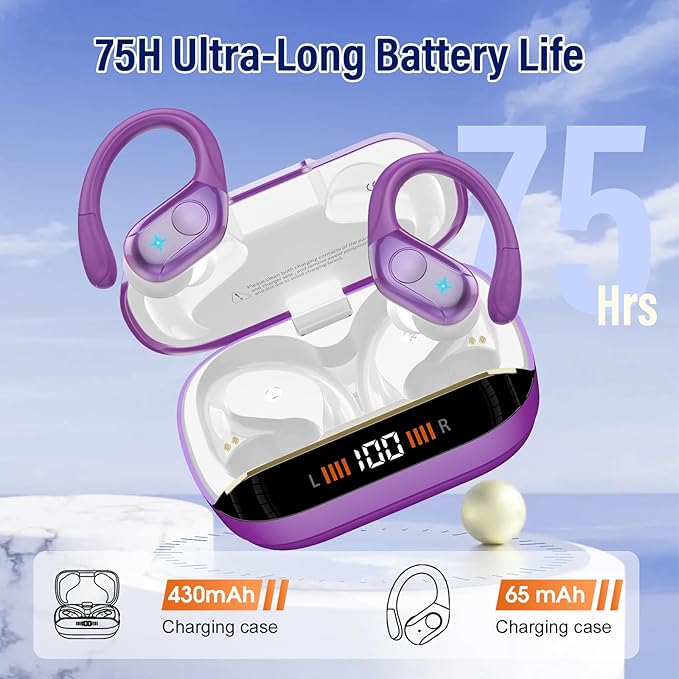 Wireless Earbuds Bluetooth 5.4 Headphones 75H Stereo Deep Bass Sports Over Ear Buds with Earhooks, LED Display Bluetooth Earbuds with 4 ENC Mic, IP7 Waterproof Earphone for Running,Dark Purple