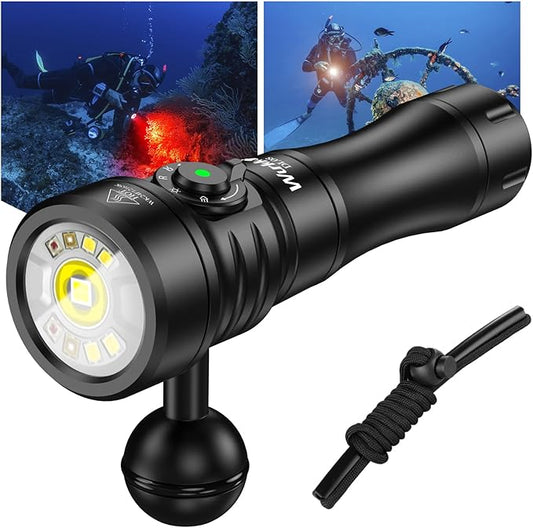Wurkkos DL08 Dive Light, 3600 Lumens Rechargeable Scuba Underwater Lights with Red and UV Light, IP68 Underwater Video with Infinite Brightness Adjustment and 5000mAh Battery for Night Diving