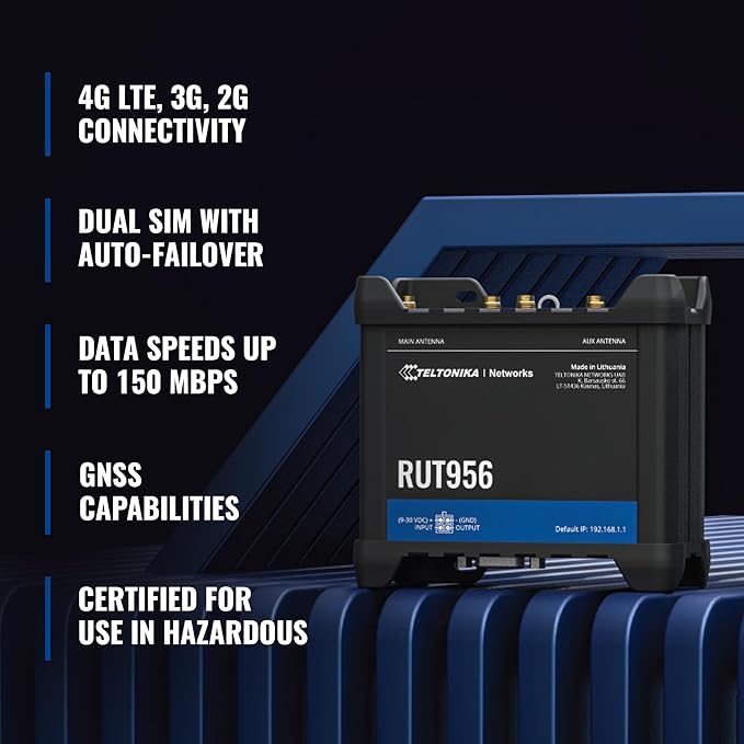 Teltonika RUT956 Industrial Cellular WiFi Router - 4G LTE (CAT 4), 3G, 2G Connectivity - Multiple Interfaces with GNSS Capabilities - Auto WAN Failover, Dual SIM Internet Router (TELRUT956A00A00)