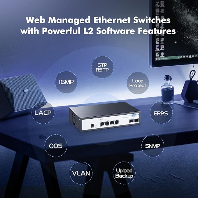 6 Port 10Gbps Managed Switch, 4 x 10G RJ-45, 2 x 10G SFP+ Slots, Support 10G/5G/2.5G/1000M Auto-Negotiation, YuLinca Smart Web Metal Network Switch