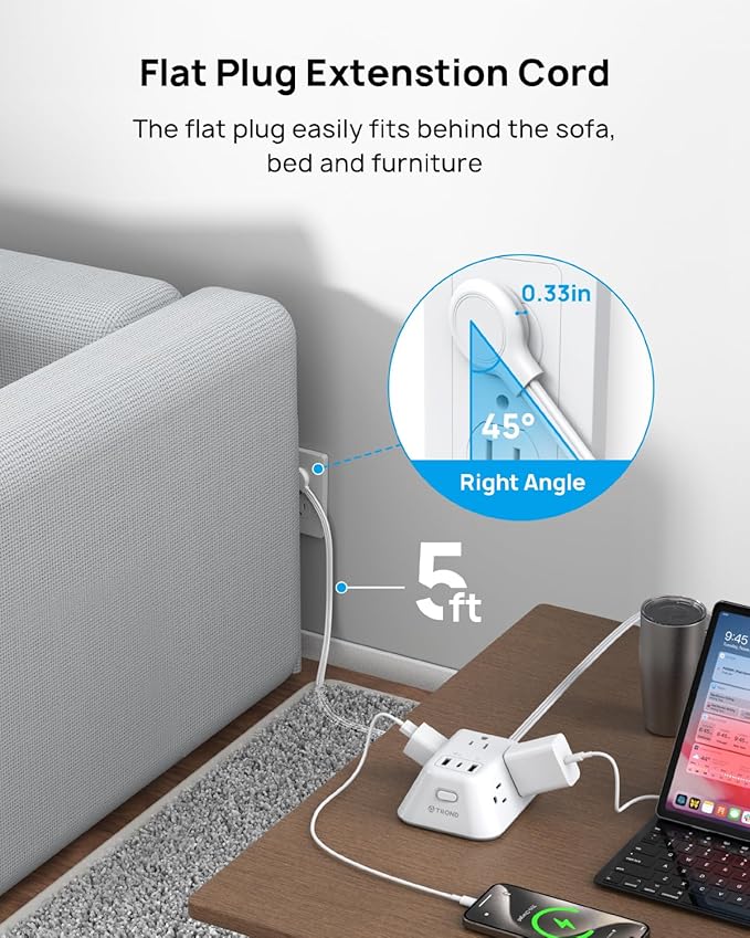 TROND Flat Plug Power Strip Surge Protector, 5FT Ultra Thin Extension Cord, 5 AC Outlets and 3 USB Ports, Wall Mountable, Compact Design for Home Office and Dorm Room Essentials