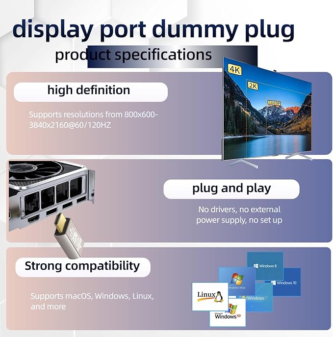 4K 120Hz HDMI 2.1 Dummy Plug – High-Resolution Virtual Display Emulator for PC, VR Headsets & Cryptocurrency Mining EDID Headless Ghost Display Adapter(4K-120Hz-2P)