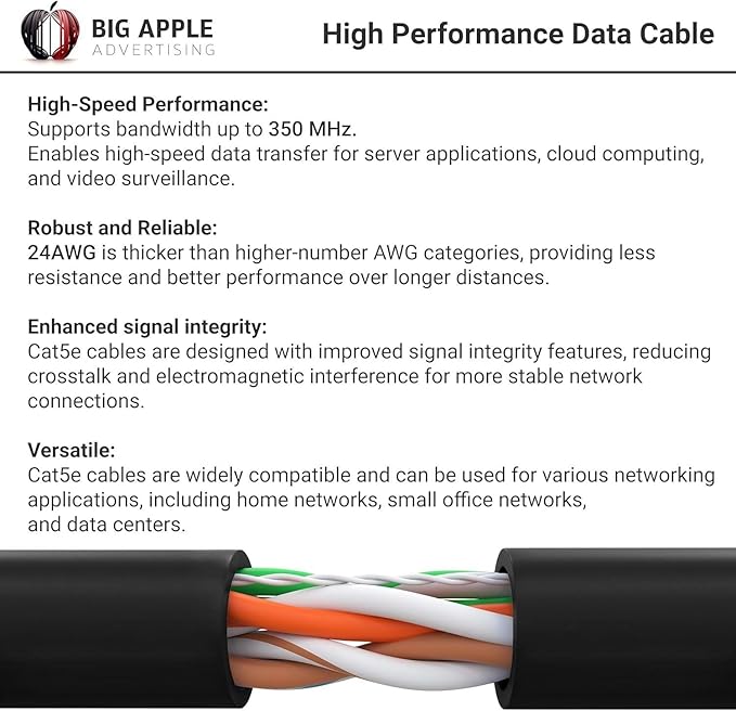 Big-A - 1000ft Cat5e Plenum Ethernet Cable, Yellow, 350MHz, 24AWG UTP, CMP Rated, Solid Network LAN Cord, Compatible with Printer, Gaming Consoles, Router, VoIP Phones, POE IP Cameras