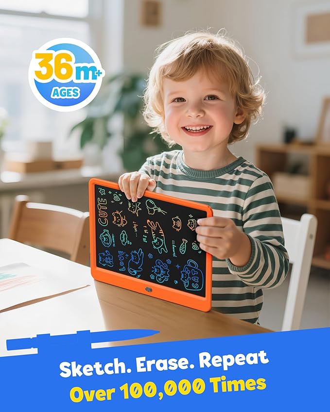 TEKFUN LCD Writing Tablet Doodle Board, 12inch Colorful Drawing Tablet Writing Pad, Kids Travel Essentials, Toddler Toys 5 6 7 8 Year Old Girls Boys (Orange)