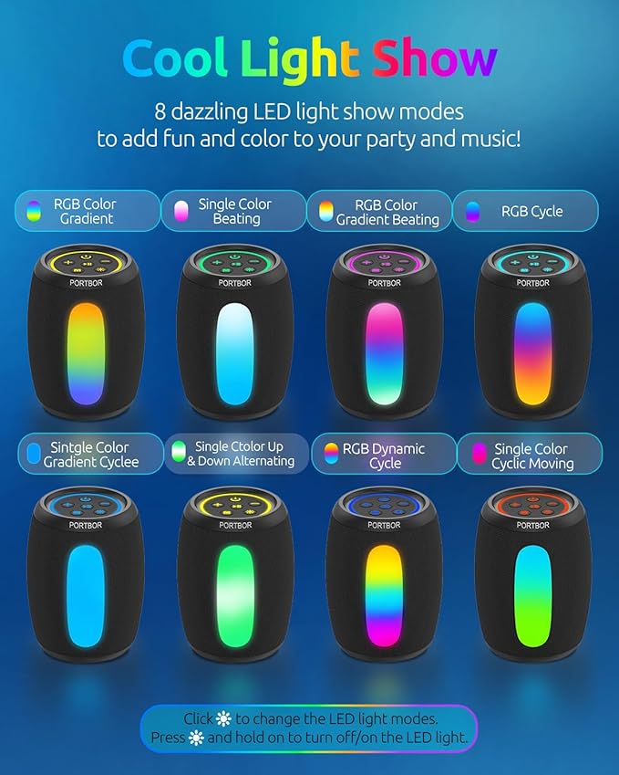Portable Bluetooth Speaker with Lights, Powerful Sound, Stocking Stuffers, IPX5 Waterproof, Wireless BT5.3, TWS Pairing, 15H Playtime, for Outdoor/Home/Party/Beach, White Elephant Gifts for Adults