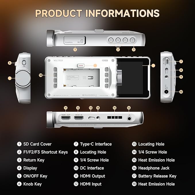 VILTROX DC-V1 Touch Screen Camera Field Monitor, 1920x1080 IPS 5.5 inch DSLR Camera Monitor with Sunshade Hood and Battery, 3D LUT HDR 4K HDMI in/Output Exposure Waveform Focus Assist Video Monitor