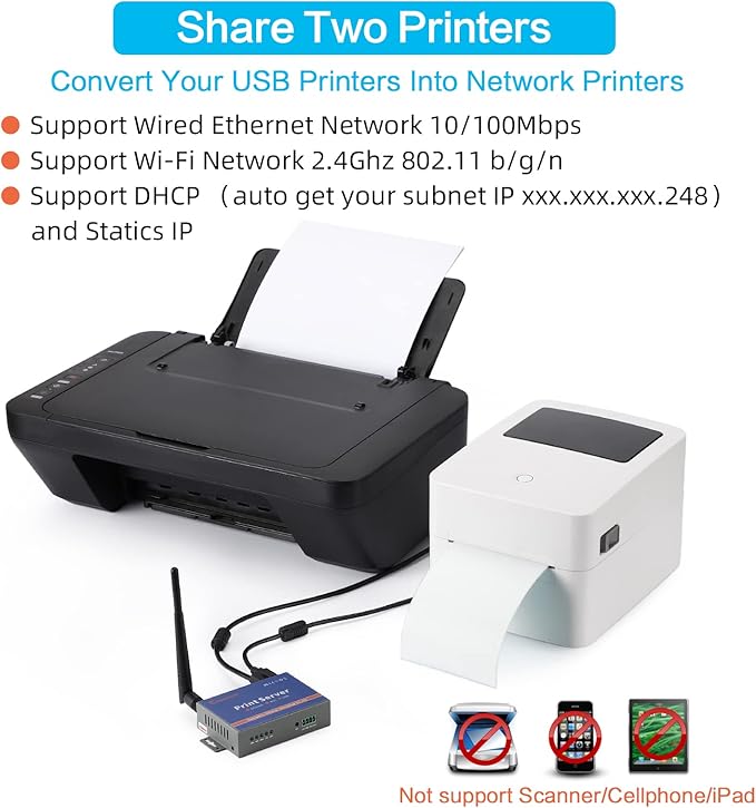 Wireless Print Server for USB Printer (NOT Plug&Play), 2 Port USB Print Server, Convert Wired Printer to Wireless WiFi Ethernet Networking - Windows Mac Linux Compliant - CR202