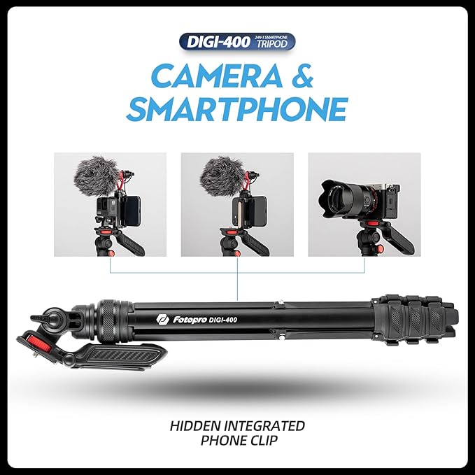 Fotopro 55” Camera Tripod 2in1 Hidden Cold Shoe Phone Clip Portable Travel Tripod Stand with Fluid Video Head, 1.5lbs Lightweight Aluminum Max Load 6.6lbs