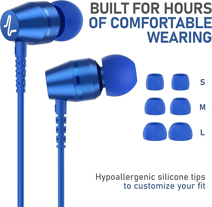 LUDOS OMNITONE Wired Earbuds in-Ear Headphones, 5 Years Warranty, Earphones with Microphone, 3.5 mm Jack Corded Ear Buds, Videoconference for iPhone, Samsung, Laptop, Kids, School Students - Blue