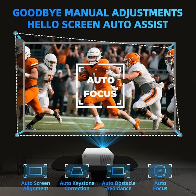 [Licensed & Auto Focus] 4K Projector with WiFi 6 and Bluetooth, Licensed Outdoor Projector, 1200 ANSI Lumens Auto Focus Dolby Audio Portable Smart Projector with HDR10+