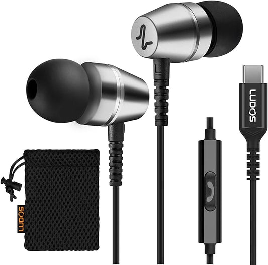 LUDOS OMNITONE USB C Headphones for iPhone 17 16 15 Pro Max Plus Air iPad Pro, 5 Years Warranty, USB-C Earbuds for Samsung Galaxy S24 S23 Ultra S22 S21 FE S20 Z Flip 3, USB Type C Earphones - Grey