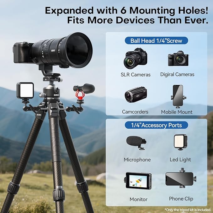 SIRUI Professional Travel Carbon Fiber Tripod 20kg/44lbs Load, Max Tube Dia 29.44mm, Max 128cm/50.4" Height with 43mm Low-Profile Ball Head for DSLR/Mirrorless/Video (AM-284S+G1)