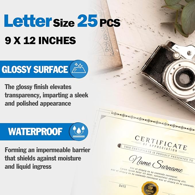 Everest Self Seal Laminating Pouches, Self Sealing for Letter Size, 9x12 Inch, Document and Certificate, Waterproof, 10 Mil Thick, Gloss Finish, No Machine Needed (9X12, 25, Pack)