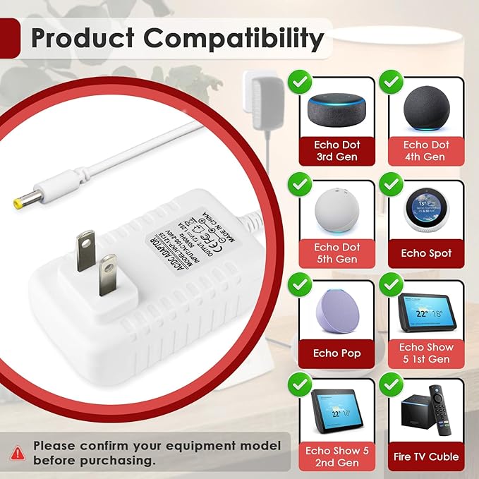 2 Pcs Power Cord for Alexa Dot 3rd / 4th / 5th Gen 2022, Echo Show White Charger Cable - 1.5M Long Power Adapter