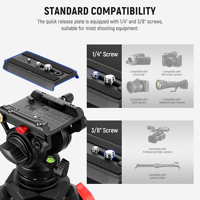 NEEWER Video Camera Tripod Fluid Head, Heavy Duty Lightweight Compact Portable Travel Stand for DSLR Camcorder Compatible with DJI Gimbals Compatible with Manfrotto QR Plates, Max Load 13.2 lbs, TP73